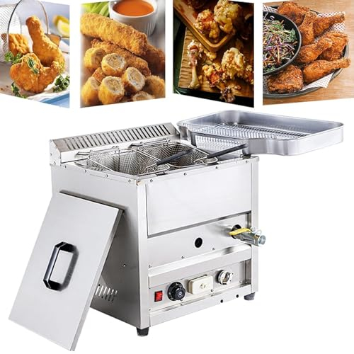Freidora de gas GLP de encimera de acero inoxidable, freidora de gas propano de encimera, freidora de tanque de gran capacidad, con cesta y tapa, para patatas fritas, restaurante, cocina casera,A