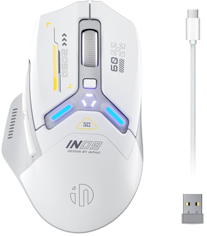 INPHIC Hyper Speed Mouse da gioco cablato e wireless: Pulsanti programmabili-Sensore ottico da 10K DPI-Ricaricabile - Illuminazione RGB-Batteria 100 ore (cablato Type C/2,4 GHz/Bluetooth 5.0)(Grigio)