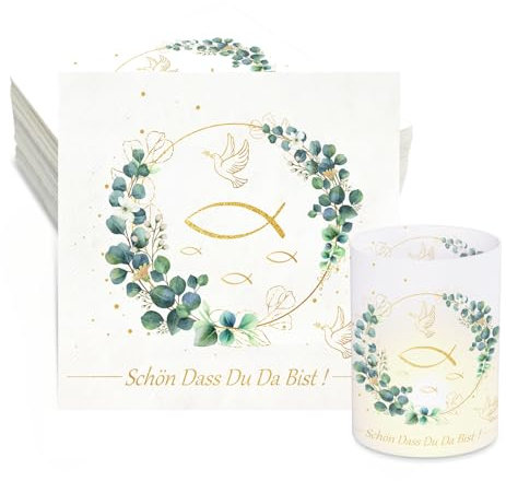 32 Stück Servietten Kommunion+8 Stück Windlicht Tischdeko Konfirmation Schön DASS Du Da Bist Servietten Deko Taufe Deko Konfirmation Tischdeko Windlichter Servietten Junge Mädchen
