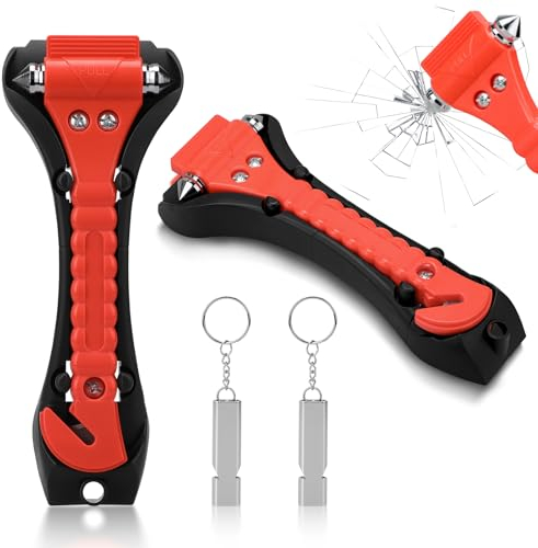 2 Piezas Martillo Rompe Cristales Coche y Cortador de Cinturón de Seguridad, 2en 1 Kit Emergencia Coche con 2 Silbato Silbato, Martillo de Emergencia para cinturón para automóvil, autobús, automóvil