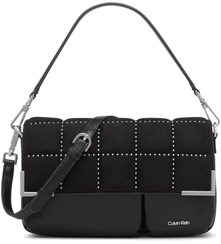 Calvin Klein Damen Organizational Flap Shoulder Bag Mica Demi-Schultertasche und Crossbody-Tasche mit Klappe, Schwarz/Silber gesteppt