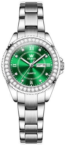 OLEVS Uhr Damen Luxus Eleganz Grün Groß Wählscheibe Diamant Uhren Edelstahl Analoger Quarz Armbanduhr Damen Silber Römische Ziffern Leuchtend Wasserdicht mit Datum Lässig Damenuhr