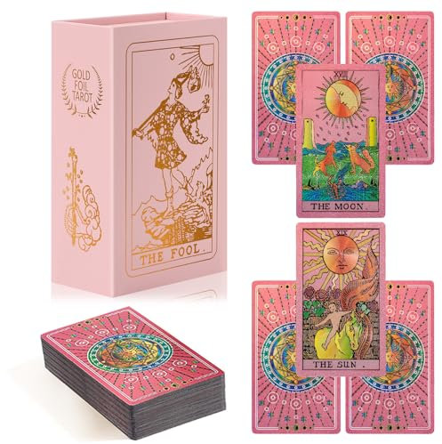 lrjrizzo Cartas de tarot para principiantes, cartas de tarot rosa con libro de guía, lámina dorada con significados en ellas, 78 Classic Origina Rider Waite Taro Deck Fortune Telling Game (rosa)