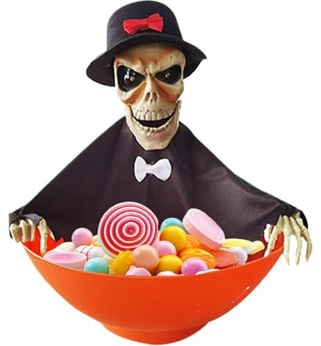 Gentleman - Cuenco de caramelo animado espeluznante con música, ojos rojos iluminados, sensor de movimiento, animatrónica de Halloween para fiestas y casa encantada