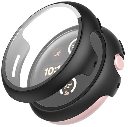 Heioloo Schutzhülle für Google Pixel Watch 3 45mm Hülle mit Gehärtetem Glas, 360° Rundum Displayschutz Anti Kratzen Case Cover für Google Pixel Watch 3 45mm - Schwarz