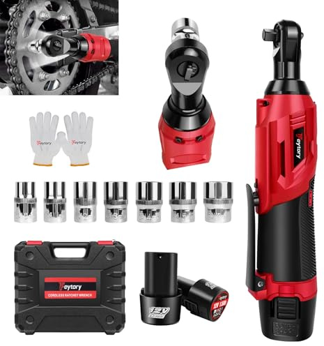 Bowose Set di chiavi a cricchetto elettriche a batteria con 7 bussole, 40N.m 12V Electric Ratchet Wrench Kit Power Wrench con luce LED, include caricabatterie rapido, doppia batteria, guanti(Rosso)