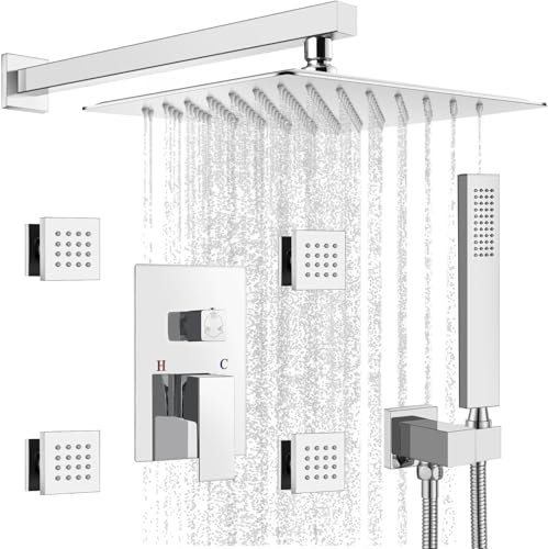 gotonovo Duscharmatur mit Ganzkörperstrahlen, Regenmischer, 30,5 cm, Regenduschkopf und Handbrause Combo Wandmontage, grobes Ventil und Zierleiste, inklusive 4 Körperstrahlen, poliertes Chrom