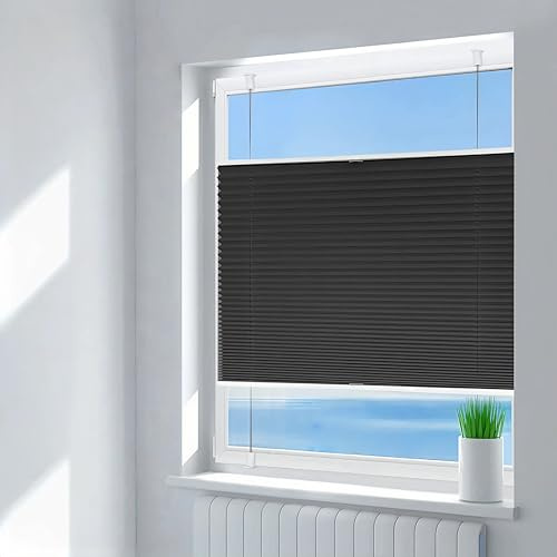 Deswell Plissee ohne Bohren Verdunkelung Klemmfix Verdunklungsplissee B90 x H140 cm Schwarz, 100% Blickdicht lichtundurchlässig Thermo Plissee Faltrollo Sichtschutz Sonnenschutz für Fenster Tür