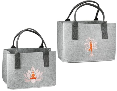 MF 2er Set Filztaschen mit spirituellen Motiven, Lebensbaum und Lotus, Hellgrau, 25 x 40 x 26 cm