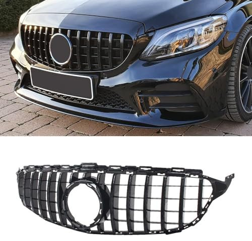 Gangying W205 Kühlergrill, GTR GT Style Frontgrill für Mercedes C-class C180 C200 C250 C300 C350 C400 2019 2020 2021 Schwarz glänzend（Nicht passen C63，ohne Kamera）