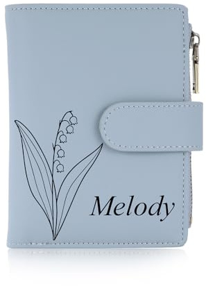 INBLUE Individuelle Leder Geldbörse für Frauen Geburt Blume mit Namen Damen Geldbörse Kleine Münze Geldbörse mit Handgelenk Strap Personalisiertes Geschenk für Muttertag Geburtstag 02 - Blau