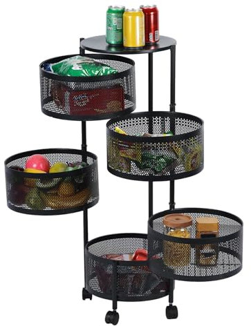 Wilitto Fruit and Vegetable Basket Bowls for Kitchen with Metal Top Lid, 5 Tier Rotating Storage Rack Cart for Potato Onion Bread Banana, Wire Basket Organizer on Wheels,Storage Cart Black 5 Layers
