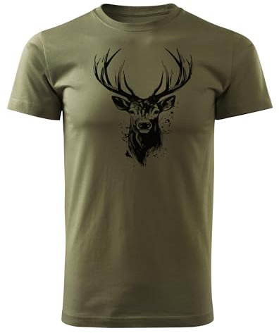 HUNT-G61 - T-Shirt für Jäger - Tshirt Herren - aus Baumwolle, Bequeme Passform - Jagd Geschenke, Geschenk für Jäger, Förster - Grün, mit Motiv Hirsch - L