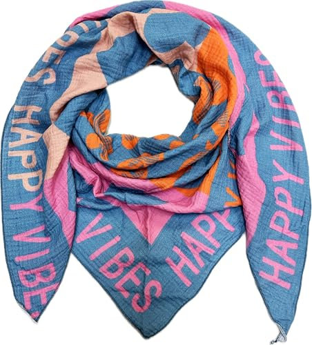 XL Dreieck Strickschal Herz Leopard Frühling Schal 100% Baumwolle Made in Italy Fashion Tuch Dreieckschal Stola Herbst Frühling Tuch Leo Love is Love Happy (Happy Jeansblau)