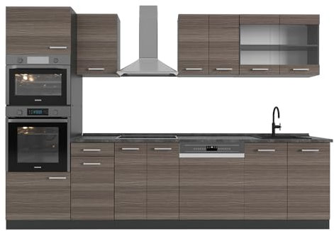 Vicco Küchenzeile R-Line, Edelgrau/Anthrazit, 300 cm mit Hochschrank, AP Anthrazit