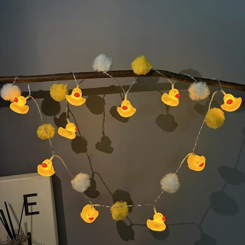 Riaxuebiy Niedliches Gelbe Entlein Pompons Lichterkette USB-betriebene Tier Nachtlicht für Urlaubs,Party,Hof,Garten,Kinderzimmer Dekoration (1.65m/10led)