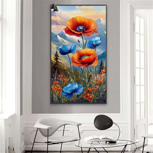 Malen nach Zahlen Erwachsene XXL 140x70 cm Groß Größe Malen nach Zahlen Berg Paint by Numbers Mohn Kinder Anfänger Handgemalt Ölgemälde Bastelset mit Pinseln Acrylfarbe, Wohnzimmer Deko Geschenke W-32