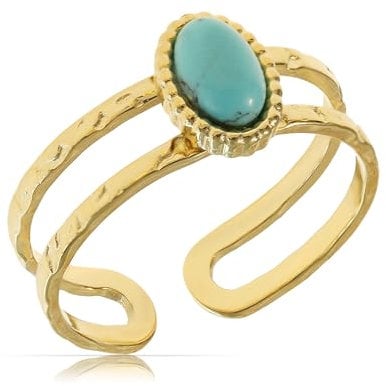 Made by Nami Filigraner Boho Edelstahl Ring Gold mit Ovalen türkisen Edelstein Geschenk Damen Schmuck Größenverstellbar & Wasserfest (Doppel Strang mit Edelstein)