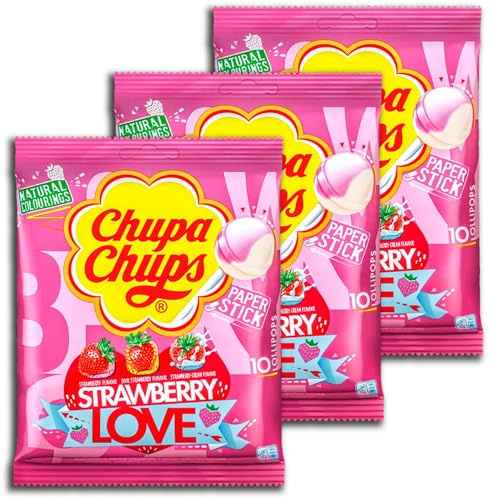 Chupa Chups Lollis Strawberry Love 3 Tüten a 10 Stück Erdbeer Lutscher
