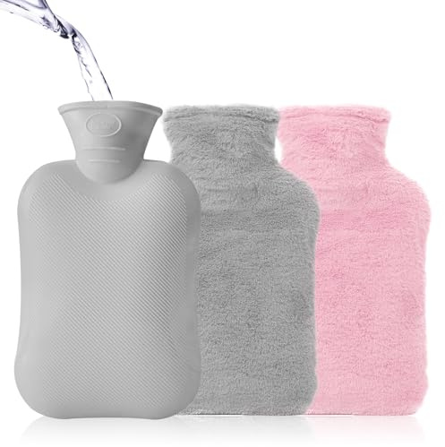 500ml Hot Water Bottle with 2 Ultra-Soft Plush Covers (Grey & Pink), Portable Small Hot Water Bottle for Outside Travel Neck Back Period Pain Warm Eye Pad
