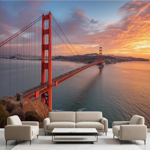 Golden Gate Bridge Meer Himmel Tapete Selbstklebende Fototapete Kunst San Francisco Tapeten Urban Landschaft Wandtapete Vinyl Wasserdicht Wandaufkleber für Wohnzimmer Schlafzimmer Küchen 150x105 cm