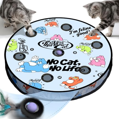 Cat Toys, Interactive Cat Toys for Indoor Cats Adult,7 Holes Maze Mat Automatic Moving Ball Kitten Toys in Pouch, Feather Tail, Touch Activation, Smart 4 Mode Mouse Catching Game (NO CAT NO LIFE)