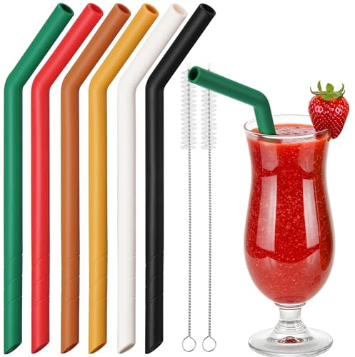 NiHome 6-Pack Extra Wide Reusable Bent Silicone Straws for Boba, Smoothies, Bubble Tea, Bent Christmas Color Straws Eco-Friendly & Colorful for Thick Drinks, Child-Safe, Customizable Length, 2 Brushes
