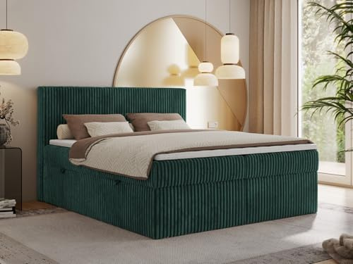 MKS MEBLE Boxspringbett 200x200 Dunkelgrün Cord, Boxspringbett mit Matratze H4 + Topper Visco, Bett mit Bettkasten and Kopfteil, Doppelbett mit Stauraum Polsterbett - Tiliano