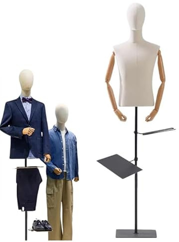 Kurflo Männliche Schaufensterpuppe, Schneiderpuppe Herren, Herrentorso, Mannequin, Schneiderbüste, Herrenbüste mit abnehmbarem Kopf, Bewegliche Arme, Höhenverstellbar 140-190 cm