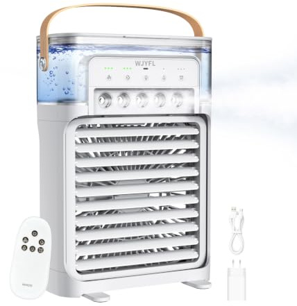 WJYFL Rafraîchisseur d'Air Personnel 700 ml, 5 Buses, Télécommande, 38 dB | 5 buses, 3 modes de brumisation, 3 vitesses, réservoir 700 ml, télécommande, minuterie 1/2/3 h, mode vent naturel.