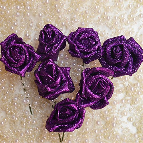 Butterme 50pcs DIY Real Touch 3D Künstlich Blumen Rose Schaumrosen künstlicher Rosenstrauß Deko für Home Hochzeit Party Lila
