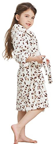 ECHERY Unisex Vestaglia Ragazzi Ragazze con Cappuccio Accappatoio Morbido di Corallo Pigiama in Pile Camicia da Notte Pigiameria Taglia 100 Leopard