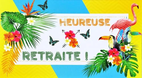 69-4219 Carte Départ Retraite Paillettes Flamant Rose Toucan Fleur Hibiscus Floral Tropical Exotique Feuille Palmier Tendance Mode Oiseau Papillon