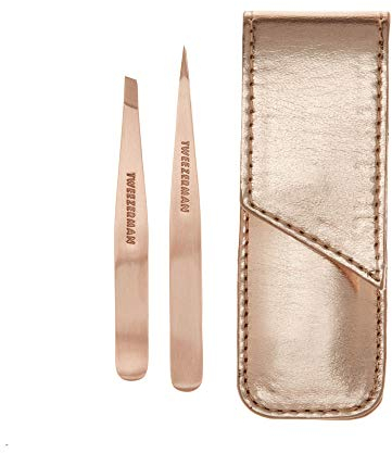 TWEEZERMAN Set de pinzas Petite (estuche de piel, pinzas oblicuas y puntiagudas, pinzas para cejas, acero inoxidable), oro rosa