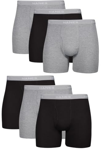 Hanes Men's Boxer Soft Breathable Cotton ComfortFlex Waistband, Multipack Brief Underwear, 6 Pack - Black/Gray, Large