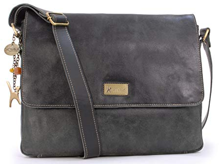 Catwalk Collection Handbags - Leder Laptoptasche 14 15 Zoll - Umhängetasche Messenger Bag Groß - Arbeitstasche für Notizbuch A4 - Sabine - Grün