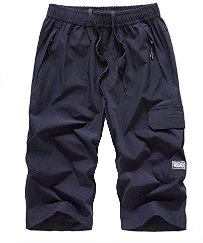MakingDa Short 3/4 pour homme sous le genou cargo trois-quarts long avec poche zippée pantalon court, noir foncé, XXL