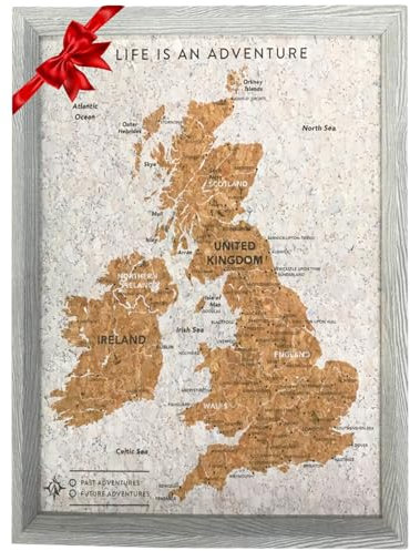 Splosh Travel Map – UK Pin Board in Grey Cork with Wooden Frame for Wall Personalise and Mark Past & Future Adventures Countries Cities with 100 Pins in 2 Colours Gift Detailed Map of the UK & Ireland