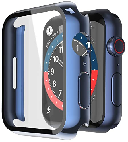 Misxi Hard Hülle mit Glas Displayschutz Kompatibel mit Apple Watch Series 9 (2023) Series 8 Series 7 41mm, Rundum Schutzhülle Schutz Case für iWatch S9/S8/S7, 2-Stück, 1 Blau + 1 Transparent