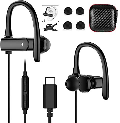 USB C Headphones for Samsung S24 Ultra A35 A55 A34 A54 S23FE,Type C Earphone Anti-Drop Earhook in-Ear Workout Gym Earbuds HiFi Stereo Noise Canceling Microphone Headset for iPhone 16 15 Pixel 8a 9 Pro