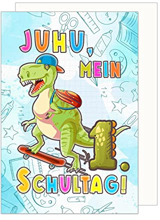 Edition Seidel Premium Glückwunschkarte zur Einschulung mit Umschlag. Einschulungskarte Karte Grusskarte Kind Junge Schulanfang 1. Klasse cooler Dino (ES136 SW023)