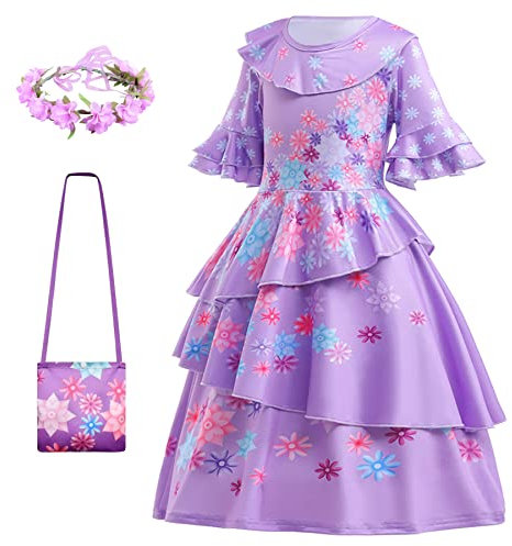 BanKids Encanto Kleid Isabella Kostüm für Mädchen Madrigal Cosplay Outfits Geburtstag Halloween Dress Up Mit Tasche Kranz 3-4 Jahre(Q16,100CM)