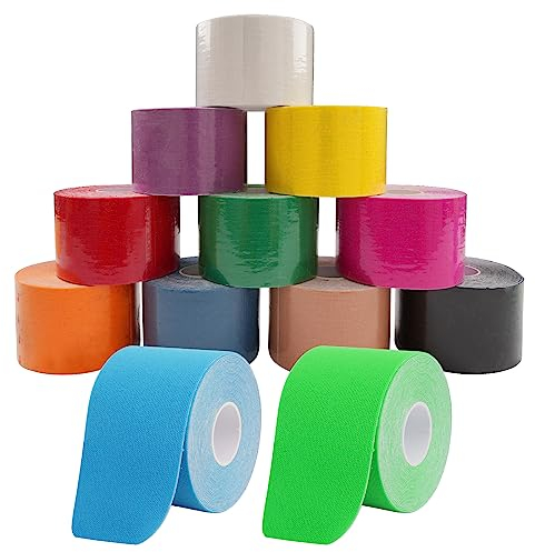 KOSHIFU 12 Rollos Cinta de Kinesiología Deportiva 5 m x 5 cm Cinta de Kinesiología para Recuperación y Alivio Muscular Venda Elastica Adhesiva para Rimeros Auxilios Lesiones Deportivas Multicolor