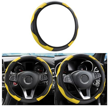 AUKEPO 38,1 cm Auto-Lenkradbezug, Kohlefaser, Mikrofaser, Leder, elastisch, rutschfest, atmungsaktiv, Lenkradschutz für Damen und Herren, Autozubehör für SUV, LKW, Van (gelb)