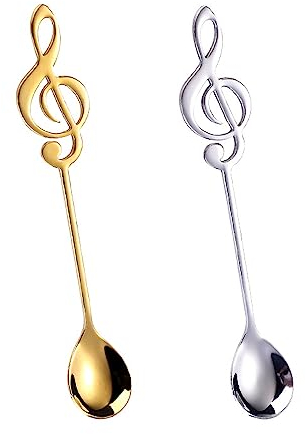 Jitnga Juego De 2 Cucharas De Té De Acero Inoxidable, Cucharas De Café Musicales De Acero Inoxidable, Juego De Cucharas De Café, Para El Hogar, Cucharas De Postre, Cucharas De Helado (Oro Y Plata)