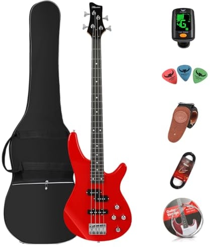 Basso elettrico a 4 corde, full size, P Bass, kit per principianti, nero, con custodia morbida, tracolla per chitarra, plettri e cavo per chitarra (Red)