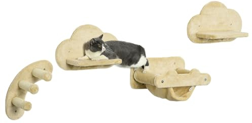 PawHut Kletterwand Katzen 4 TLG., Klettern Katzenkratzbaum inkl. Kaztentreppe, Hängematte, Sprungplatt, Wandkratzbaum, Wand Katzenmöbel für Katzen bis 5 kg, Plüsch, Beige