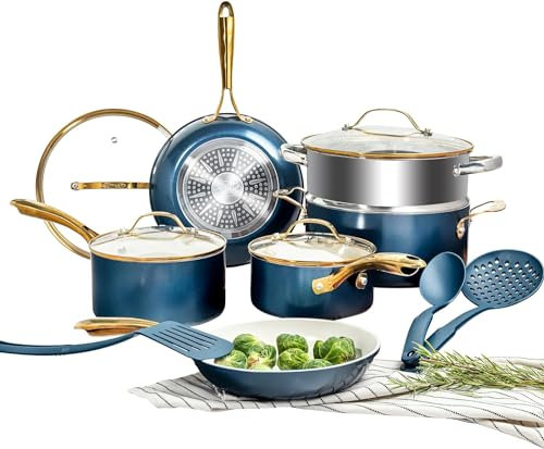 Gotham Steel Juego de utensilios de cocina, 15 piezas de cerámica antiadherente, apto para horno/lavavajillas, no tóxico, color crema y azul marino