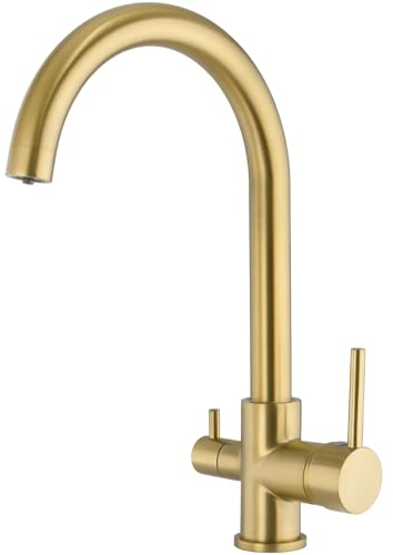 VALAZ 3 Wege Filter Osmose Wasserhahn Küche Gold Gebürstet | Küchenarmaturen | Wasserhahn Sprudelwasser, Wassersparend, Schnellmontage, 360 Grad Drehbar | Einfache Installation | Amazonas-Serie
