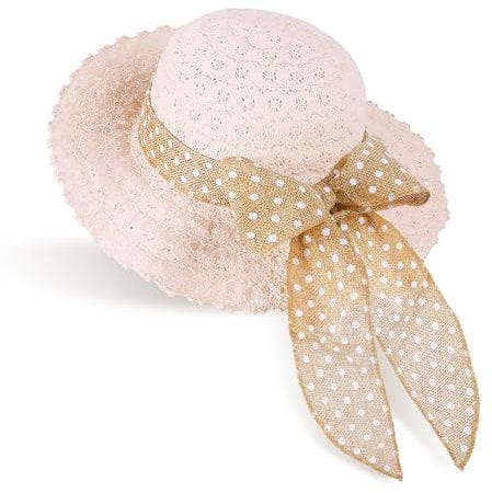 GNEGNI LIFE Straw Sun Hat Girls, Foldable Summer Beach Caps for Kids 2.8 inch Wide-Brim Sun Hat with Bowknot Floppy Portable Visor Hats for Holiday, Travel 2-5 Years Old (Lace Pink-Polka Dot)